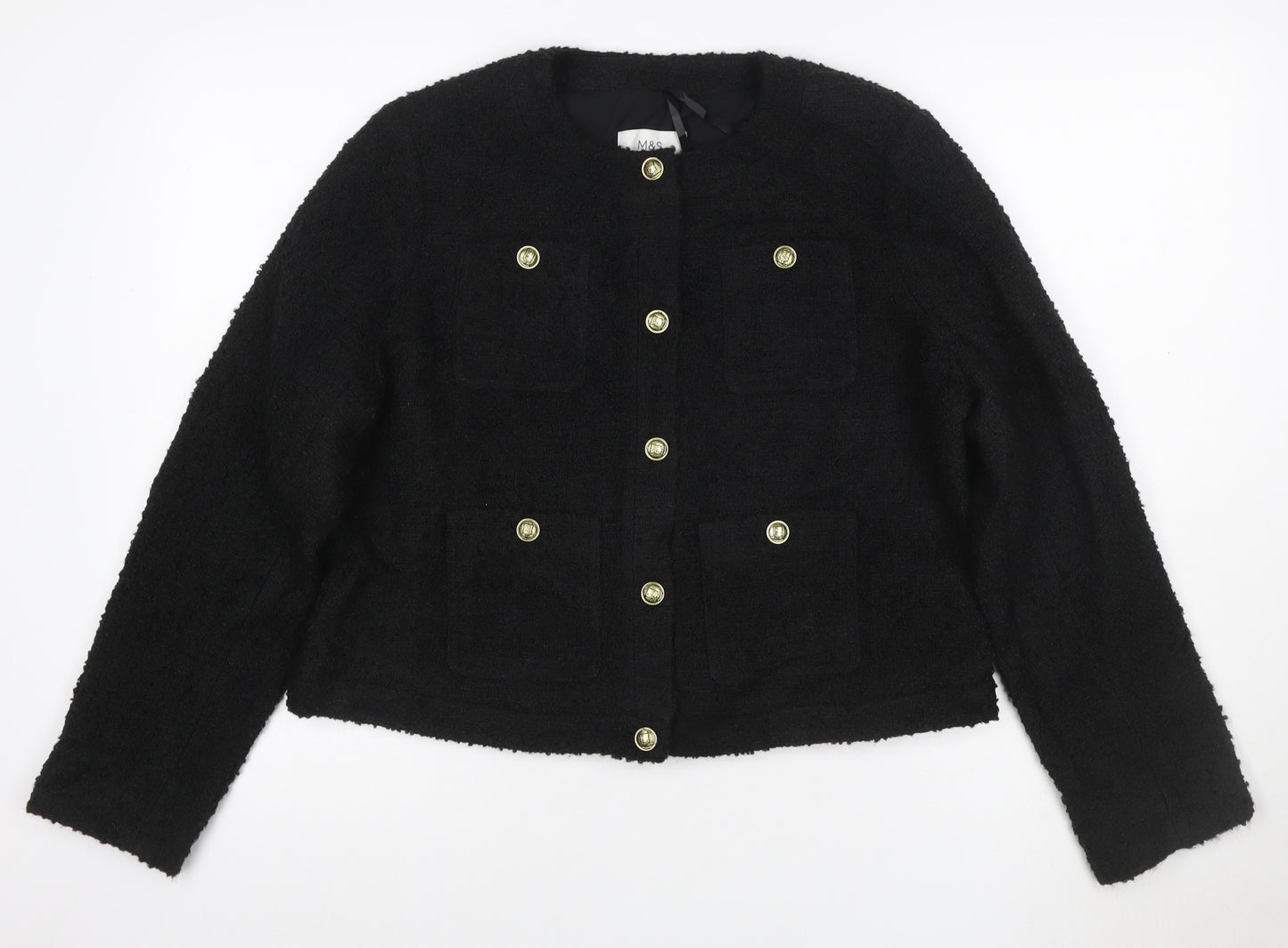 Marks and Spencer Women's Black Tweed Short Button Jacket Size 14