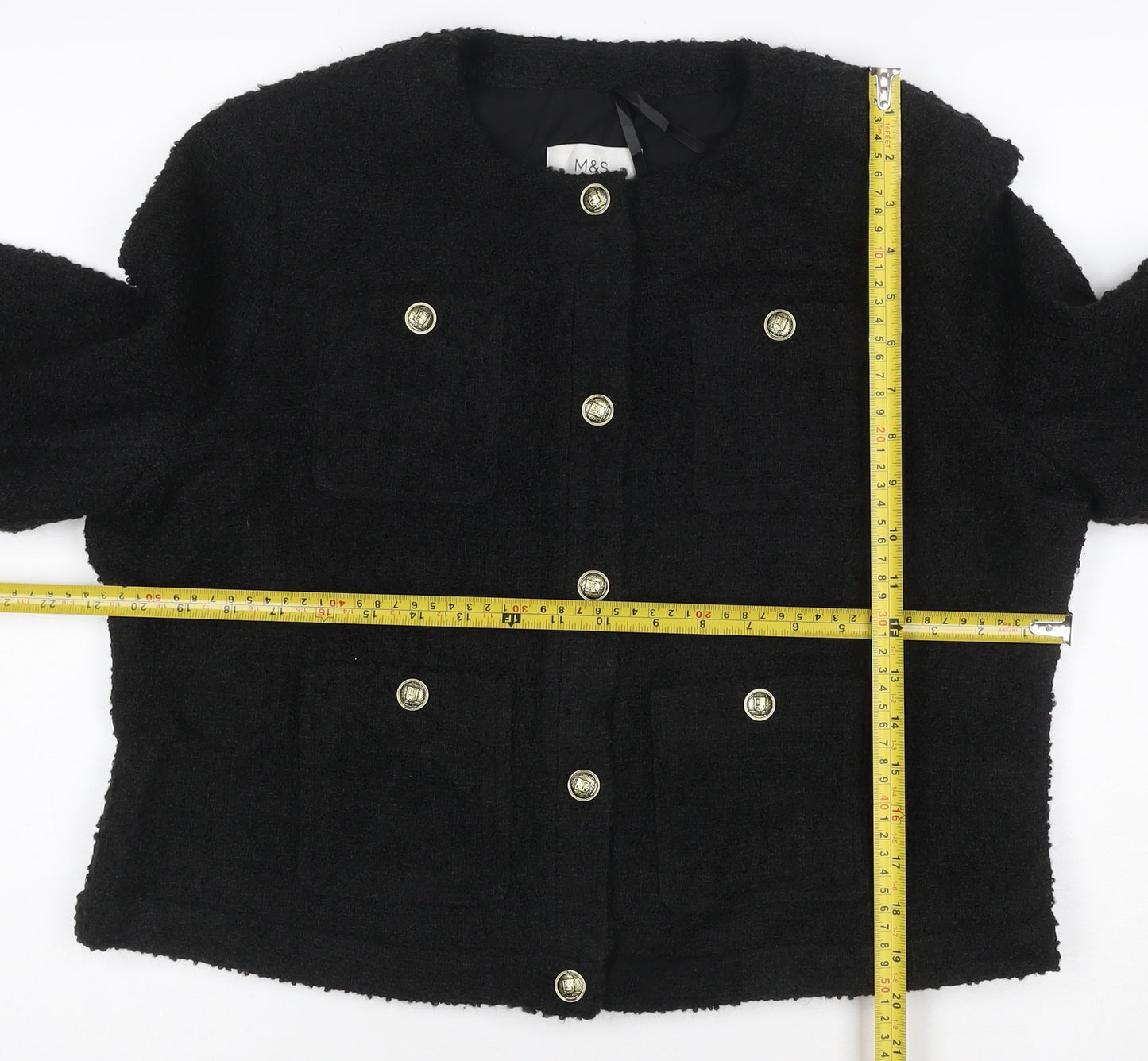 Marks and Spencer Women's Black Tweed Short Button Jacket Size 14