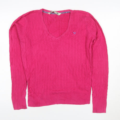 Crew Clothing Co. Women's Pink V-Neck Cotton Cable Knit Jumper Size 16