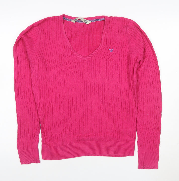 Crew Clothing Co. Women's Pink V-Neck Cotton Cable Knit Jumper Size 16