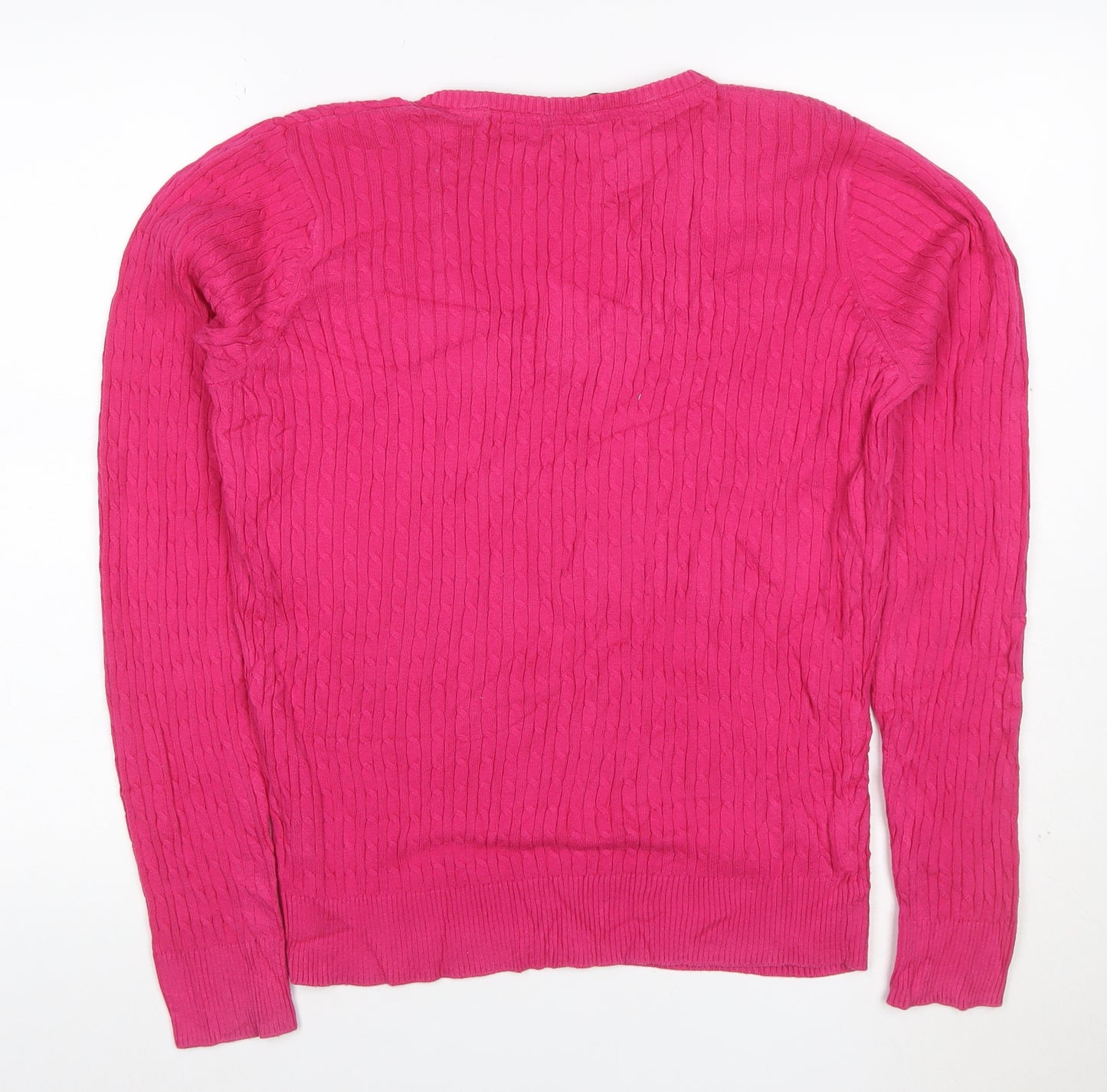 Crew Clothing Co. Women's Pink V-Neck Cotton Cable Knit Jumper Size 16