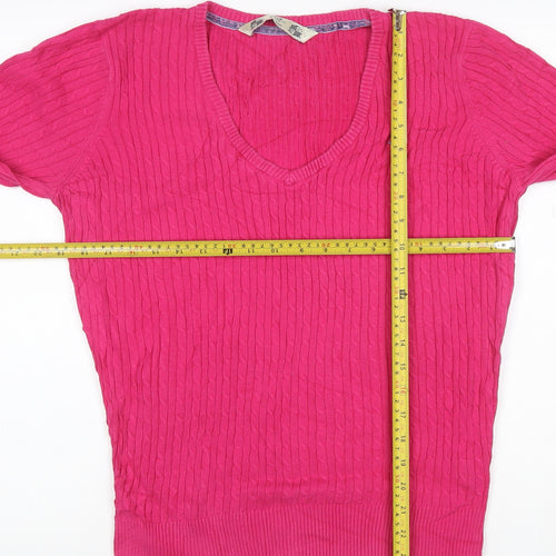 Crew Clothing Co. Women's Pink V-Neck Cotton Cable Knit Jumper Size 16