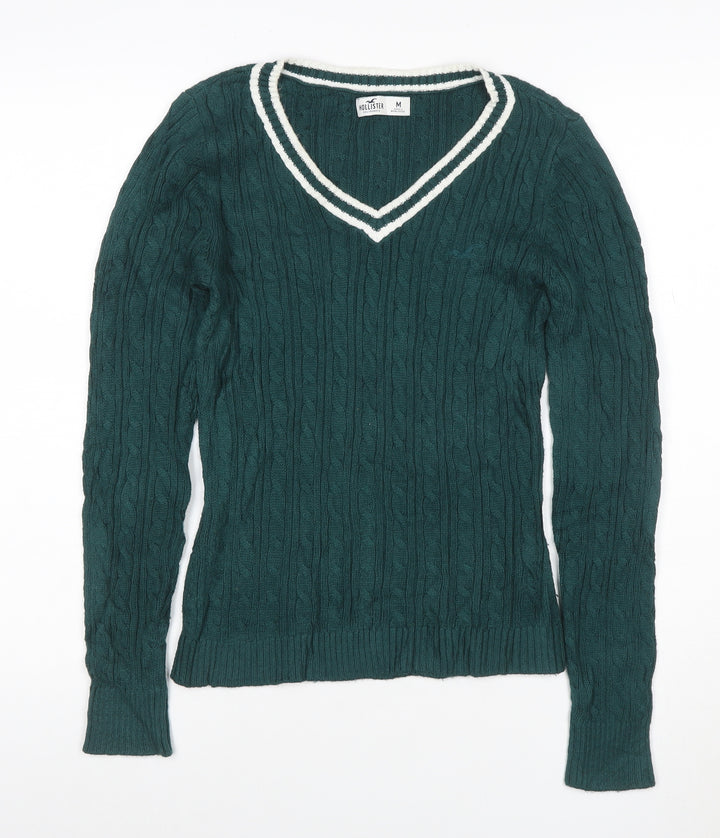 Hollister Women Green Cable-Knit V-Neck Jumper Size M