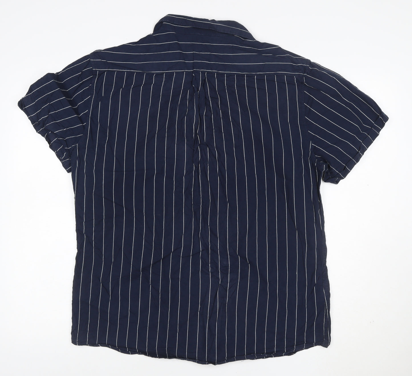 Larsson & Co Men's Blue Striped Cotton Short Sleeve Button-Up Shirt XL