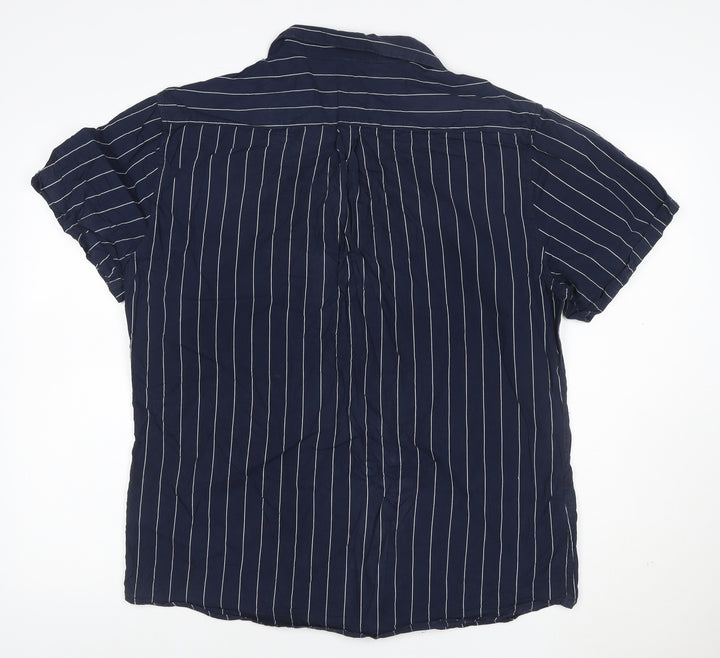 Larsson & Co Men's Blue Striped Cotton Short Sleeve Button-Up Shirt XL