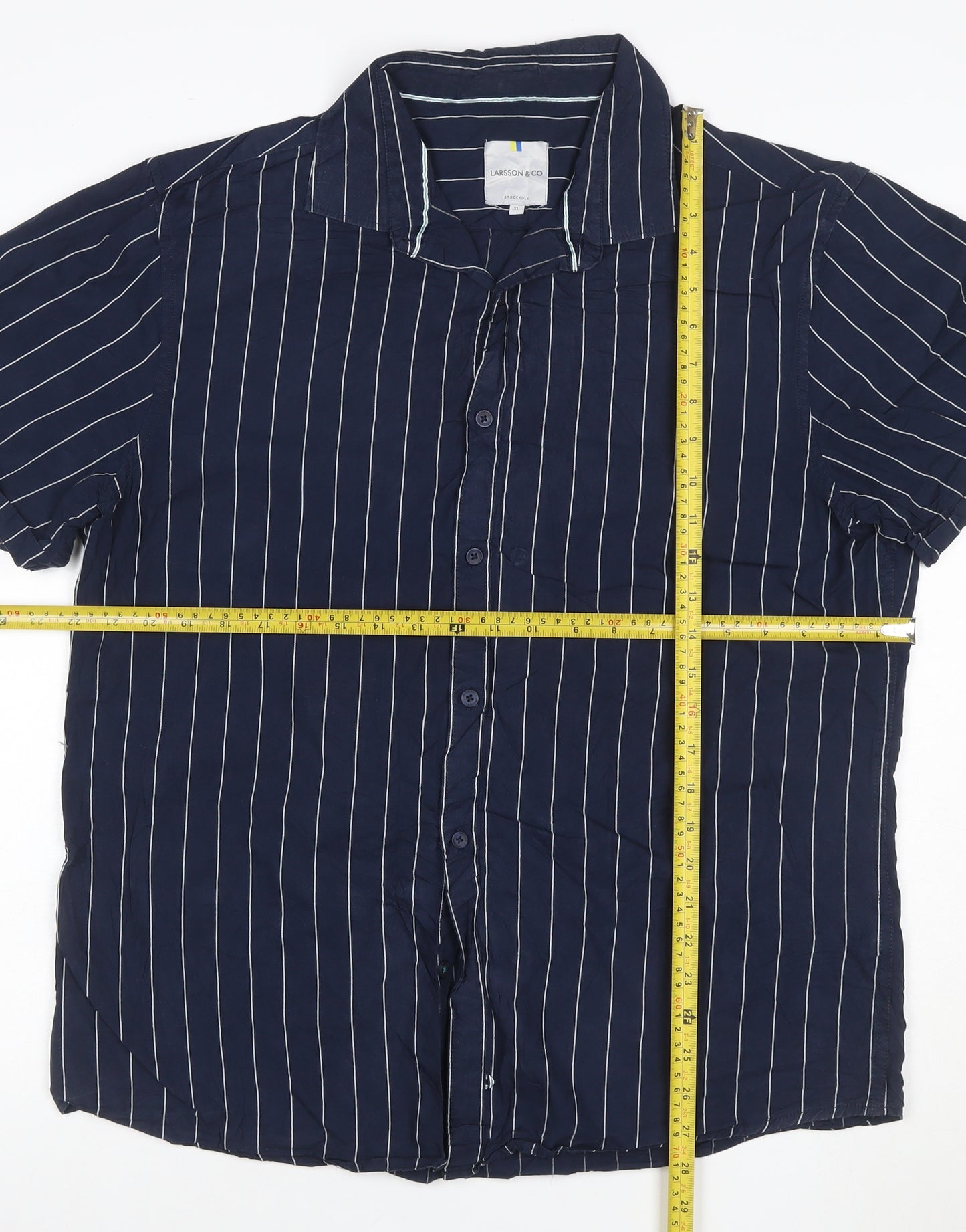 Larsson & Co Men's Blue Striped Cotton Short Sleeve Button-Up Shirt XL