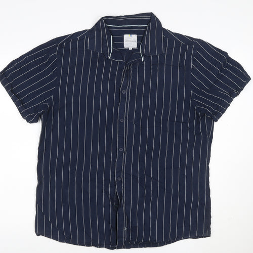 Larsson & Co Men's Blue Striped Cotton Short Sleeve Button-Up Shirt XL