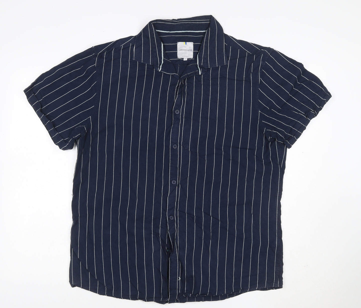 Larsson & Co Men's Blue Striped Cotton Short Sleeve Button-Up Shirt XL