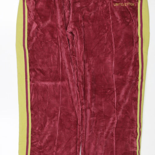 boohooMAN Men's Red Velour Track Pants L Side Stripe Elastic Waist
