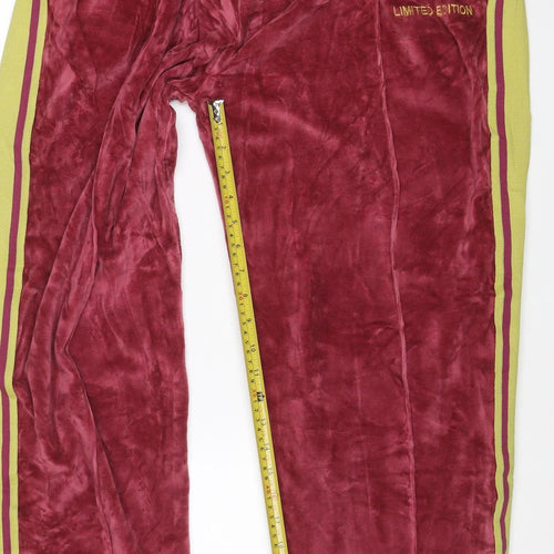 boohooMAN Men's Red Velour Track Pants L Side Stripe Elastic Waist