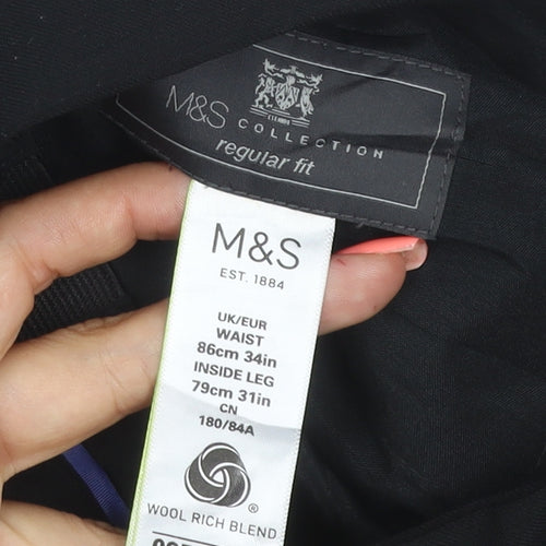 Marks and Spencer Men's Black Wool Blend Regular Fit Dress Pants 34W 31L