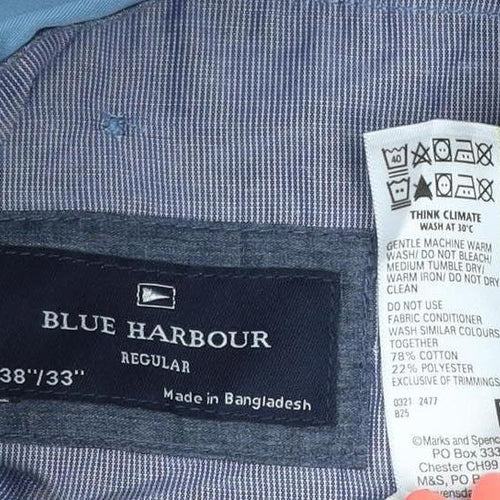 Marks and Spencer Blue Harbour Men's Blue 38x33 Regular Fit Chino Trousers