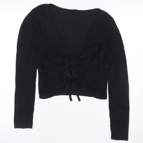 Urban Outfitters Women’s Black Cropped Long Sleeve Ruched V-Neck Top L