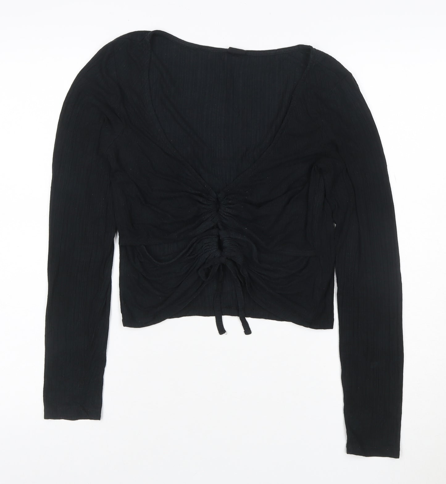 Urban Outfitters Women’s Black Cropped Long Sleeve Ruched V-Neck Top L
