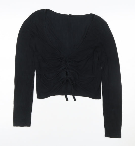 Urban Outfitters Women’s Black Cropped Long Sleeve Ruched V-Neck Top L