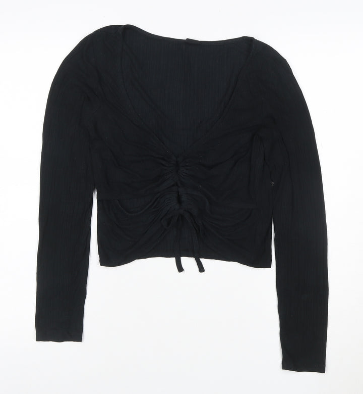 Urban Outfitters Women’s Black Cropped Long Sleeve Ruched V-Neck Top L