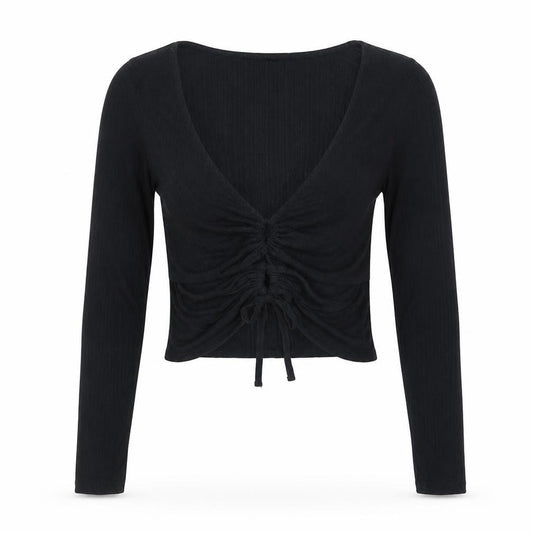 Front view of Urban Outfitters Women’s Black Cropped Long Sleeve Ruched V-Neck Top L