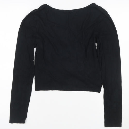 Urban Outfitters Women’s Black Cropped Long Sleeve Ruched V-Neck Top L