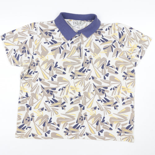 TIGI Wear Men's Beige Blue Patterned Short Sleeve Collared T-Shirt Size L Cotton Blend