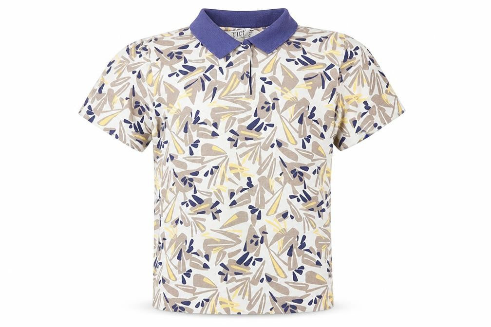 TIGI Wear Men's Beige Blue Patterned Short Sleeve Collared T-Shirt Size L Cotton Blend