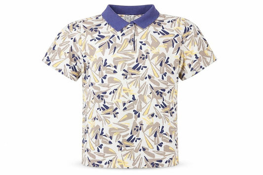 TIGI Wear Men's Beige Blue Patterned Short Sleeve Collared T-Shirt Size L Cotton Blend