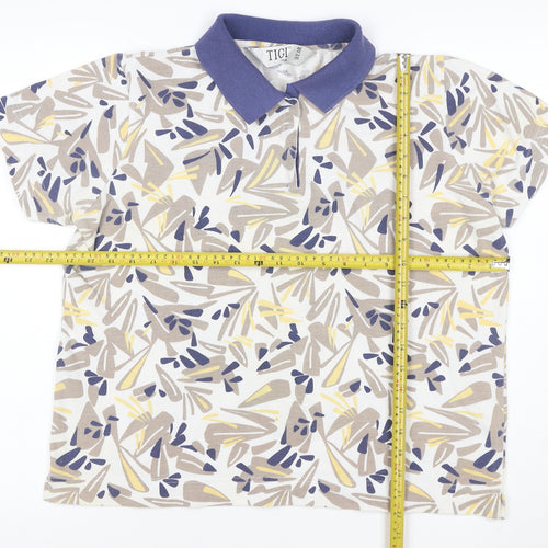 TIGI Wear Men's Beige Blue Patterned Short Sleeve Collared T-Shirt Size L Cotton Blend