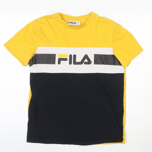 Fila Womens Yellow Colourblock Logo Cotton T-Shirt Size S