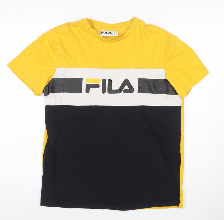 Fila Womens Yellow Colourblock Logo Cotton T-Shirt Size S