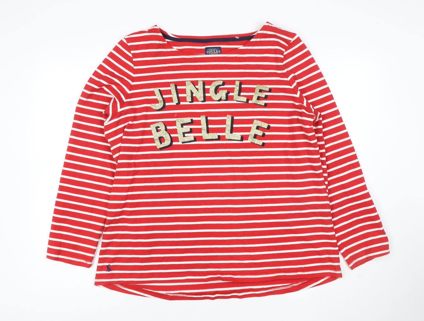 Joules Women's Red Striped Sequin Christmas Long Sleeve Cotton Top Size 14