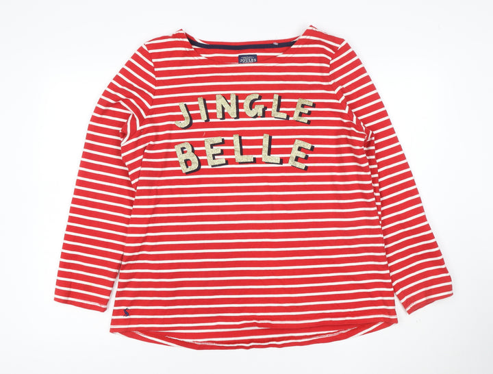 Joules Women's Red Striped Sequin Christmas Long Sleeve Cotton Top Size 14