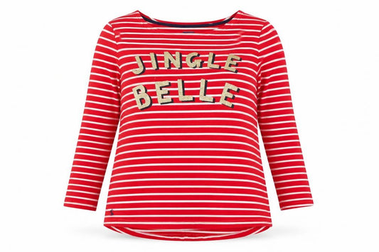 Front view of Joules Women's Red Striped Sequin Christmas Long Sleeve Cotton Top, size 14