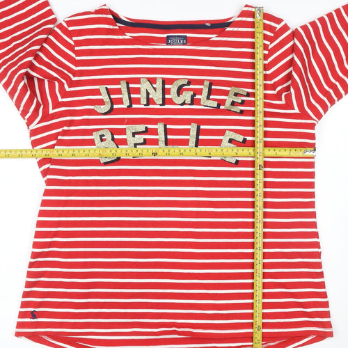 Joules Women's Red Striped Sequin Christmas Long Sleeve Cotton Top Size 14