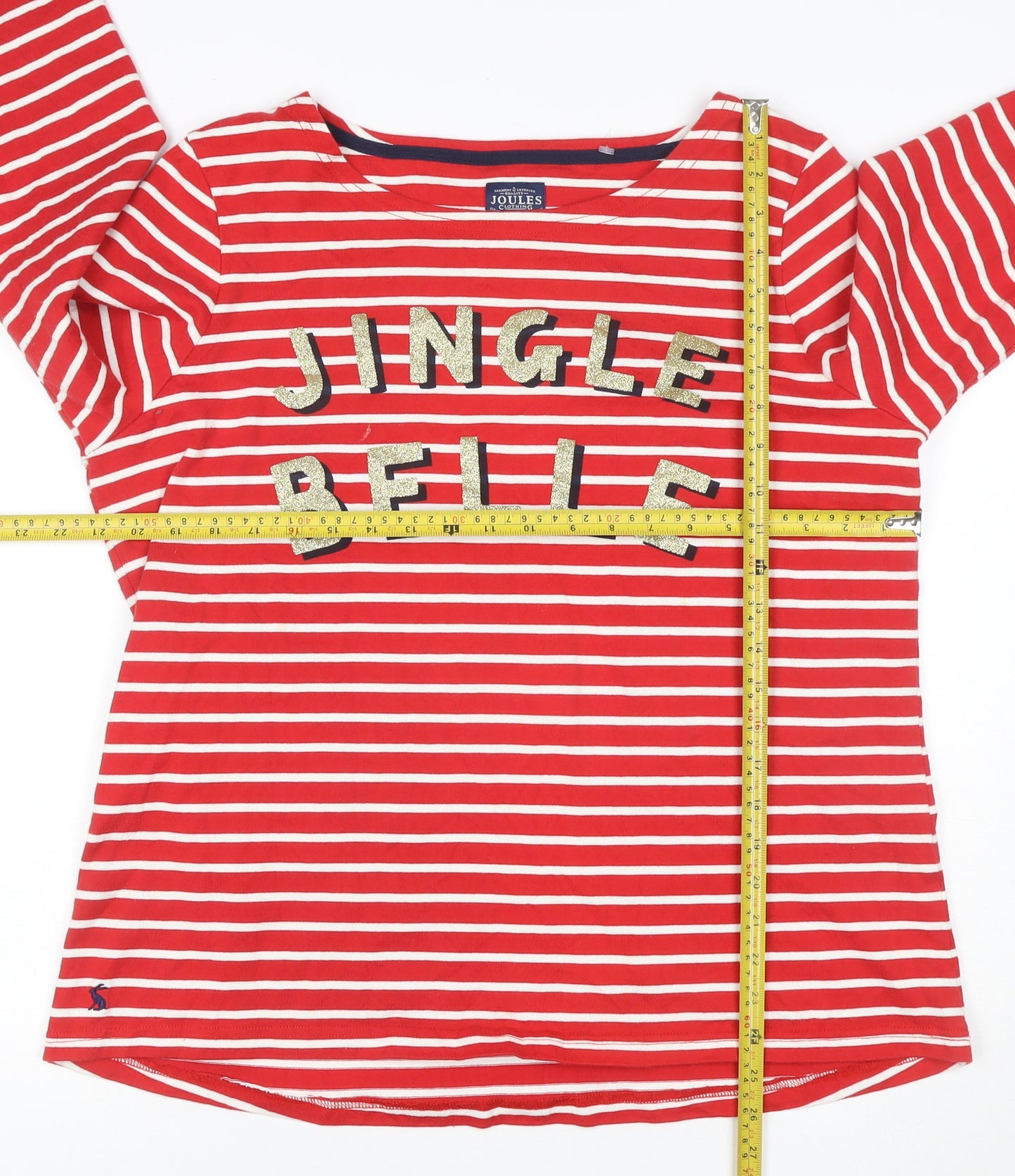 Joules Women's Red Striped Sequin Christmas Long Sleeve Cotton Top Size 14