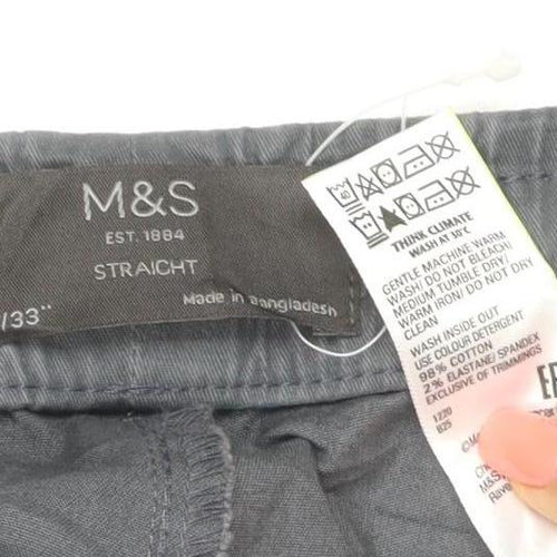Marks and Spencer Men's Grey Cotton Straight Trousers 40/33 Elastic Waist