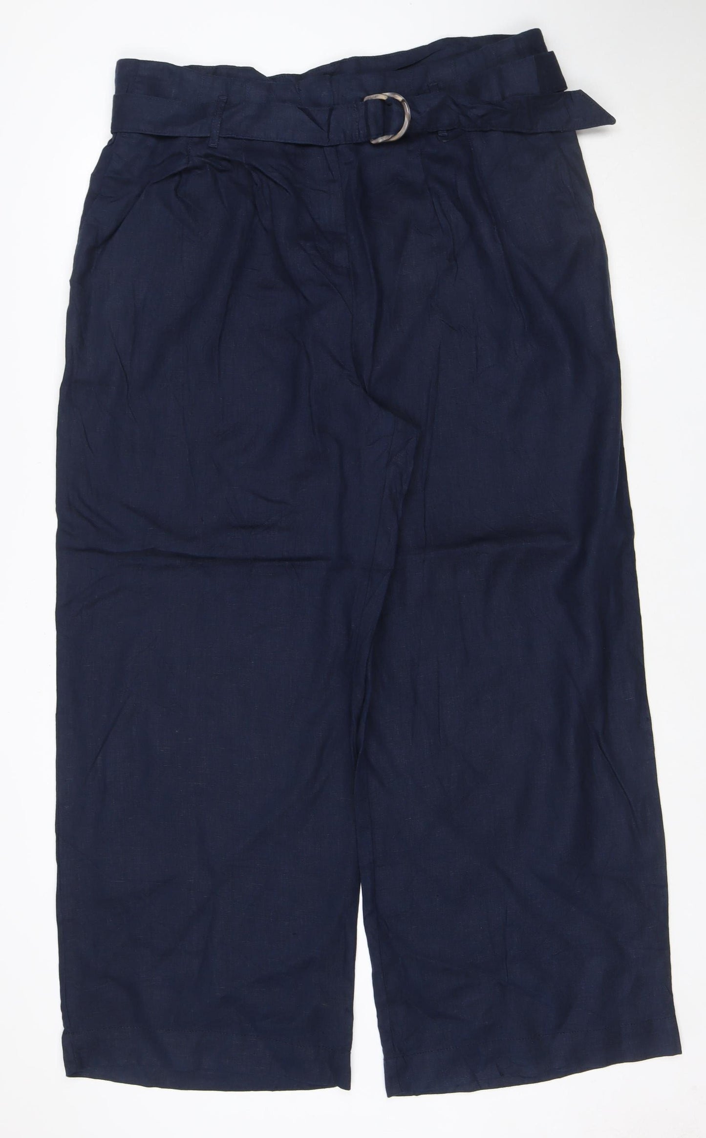 Marks and Spencer Womens Blue Linen Cropped Wide-Leg Belted Trousers Size 20