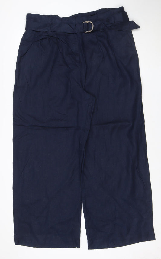 Marks and Spencer Womens Blue Linen Cropped Wide-Leg Belted Trousers Size 20
