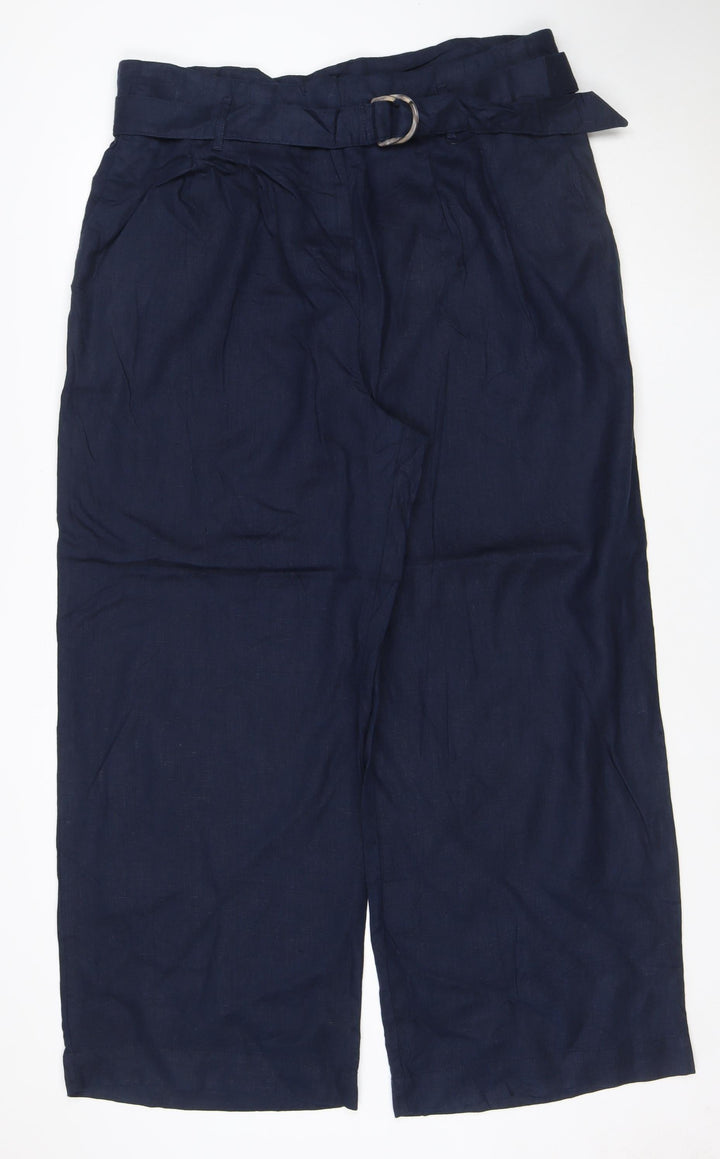 Marks and Spencer Womens Blue Linen Cropped Wide-Leg Belted Trousers Size 20