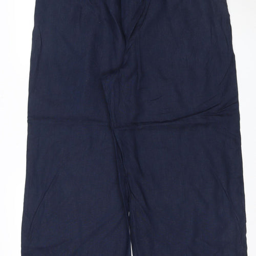 Marks and Spencer Womens Blue Linen Cropped Wide-Leg Belted Trousers Size 20