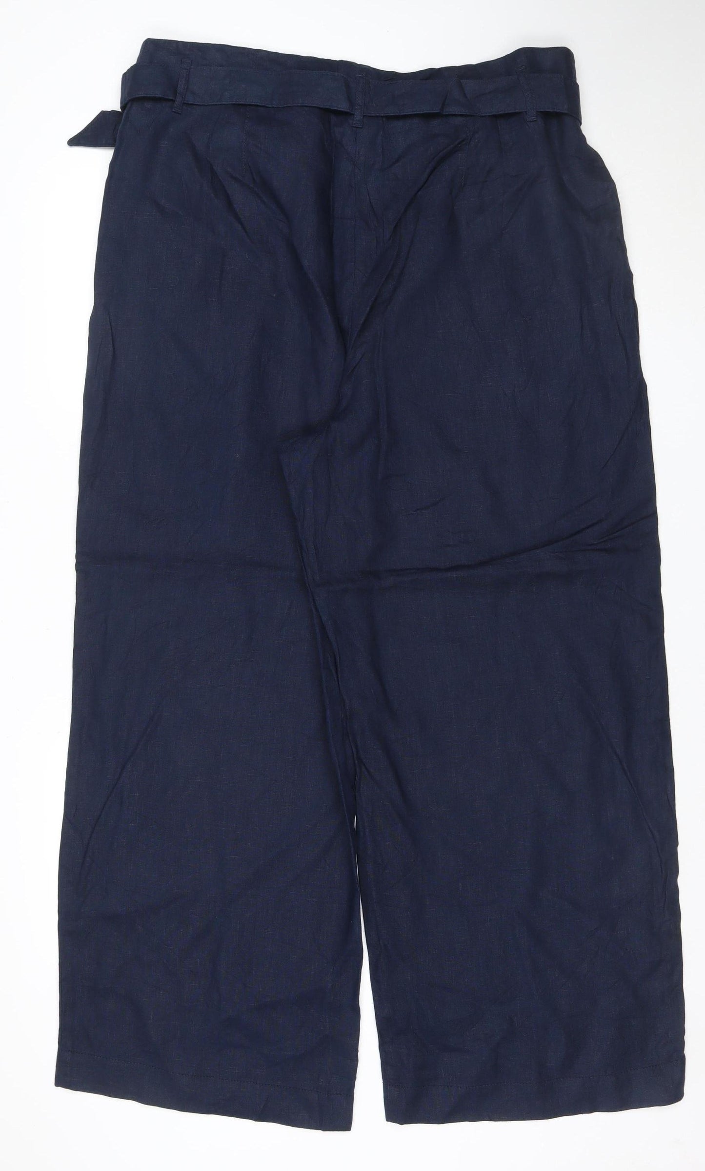 Marks and Spencer Womens Blue Linen Cropped Wide-Leg Belted Trousers Size 20