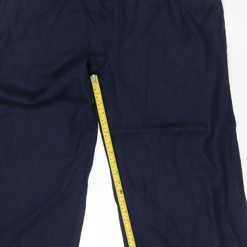 Marks and Spencer Womens Blue Linen Cropped Wide-Leg Belted Trousers Size 20