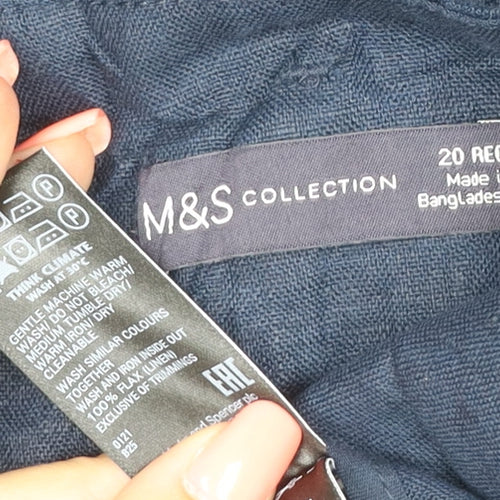 Marks and Spencer Womens Blue Linen Cropped Wide-Leg Belted Trousers Size 20