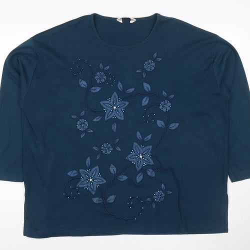 Evy! Women's Blue 3XL Floral Beaded 3/4 Sleeve T-Shirt