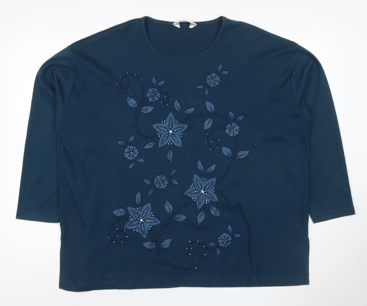 Evy! Women's Blue 3XL Floral Beaded 3/4 Sleeve T-Shirt