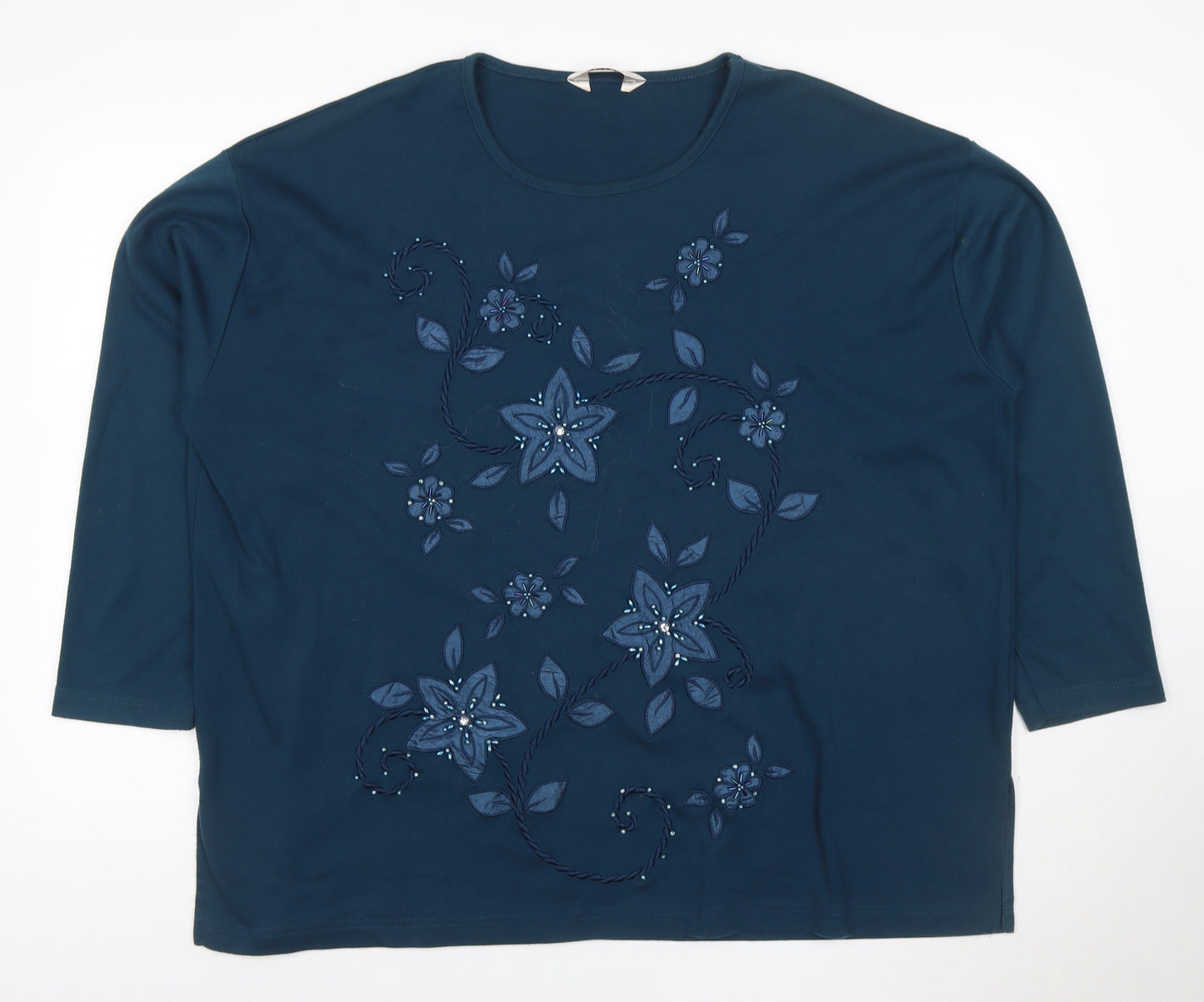 Evy! Women's Blue 3XL Floral Beaded 3/4 Sleeve T-Shirt