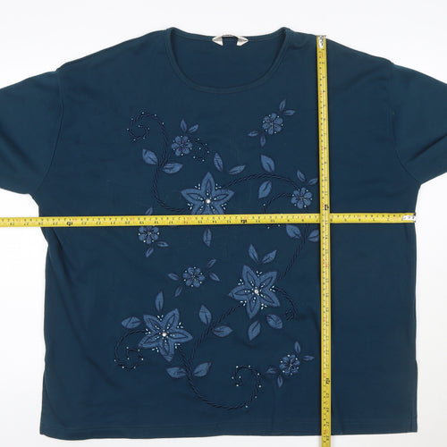 Evy! Women's Blue 3XL Floral Beaded 3/4 Sleeve T-Shirt