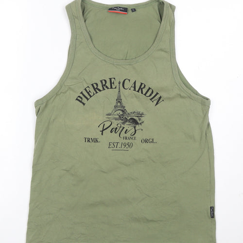 Pierre Cardin Men's Green Sleeveless Round Neck Paris Print T-Shirt L