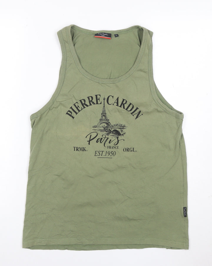 Pierre Cardin Men's Green Sleeveless Round Neck Paris Print T-Shirt L