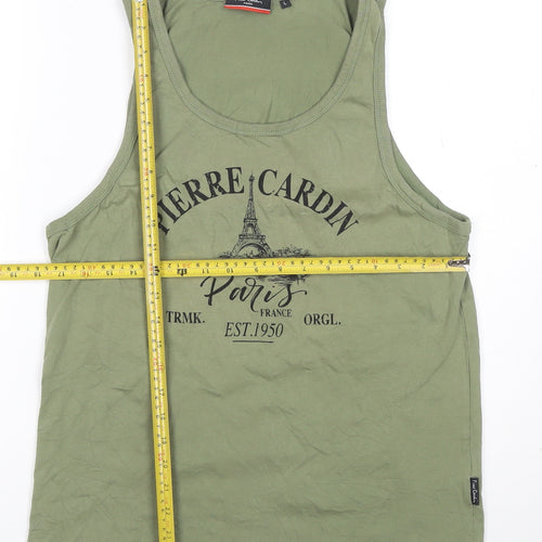 Pierre Cardin Men's Green Sleeveless Round Neck Paris Print T-Shirt L
