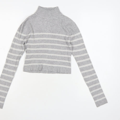 Pull & Bear Women’s Grey Striped Roll Neck Jumper Size 12