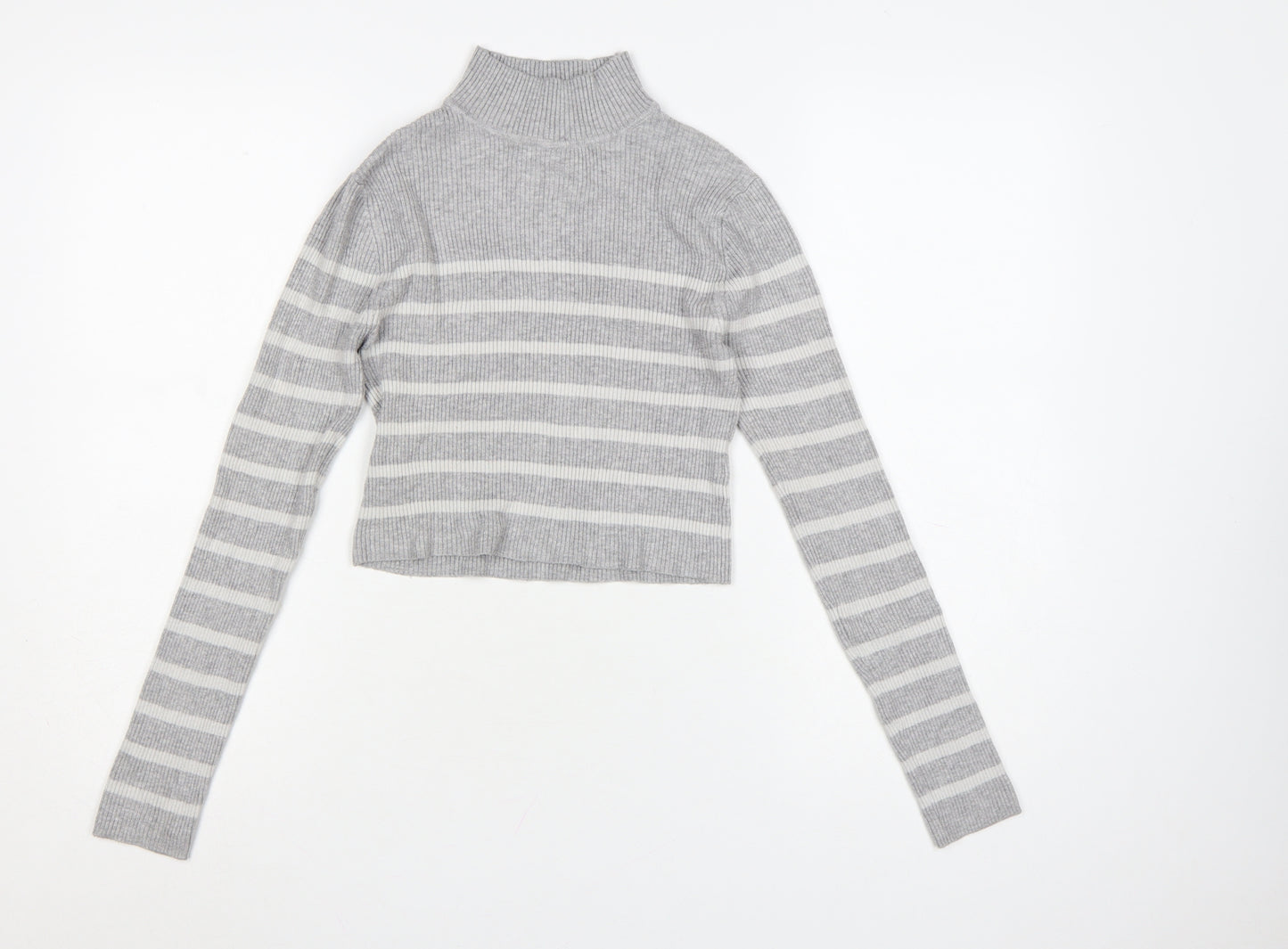 Pull & Bear Women’s Grey Striped Roll Neck Jumper Size 12
